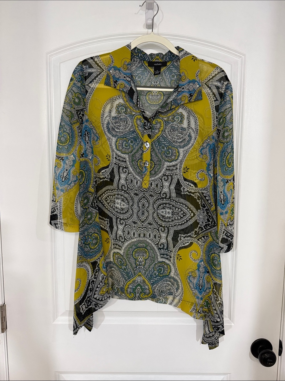 Alfani Yellow Paisley-Print Tunic with Blue and Black Accents